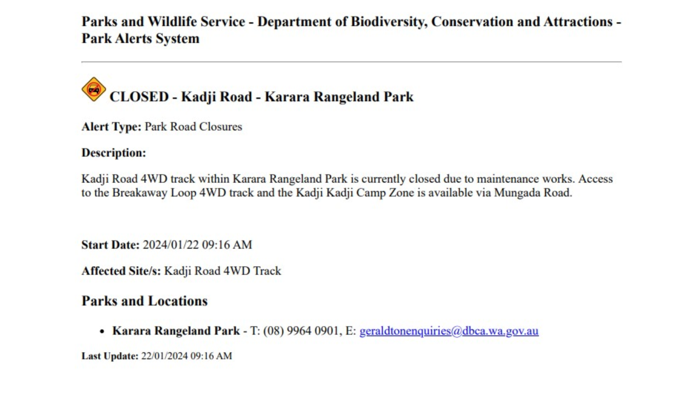 Karara Rangeland Park - Kadji Road 4WD Track Closed